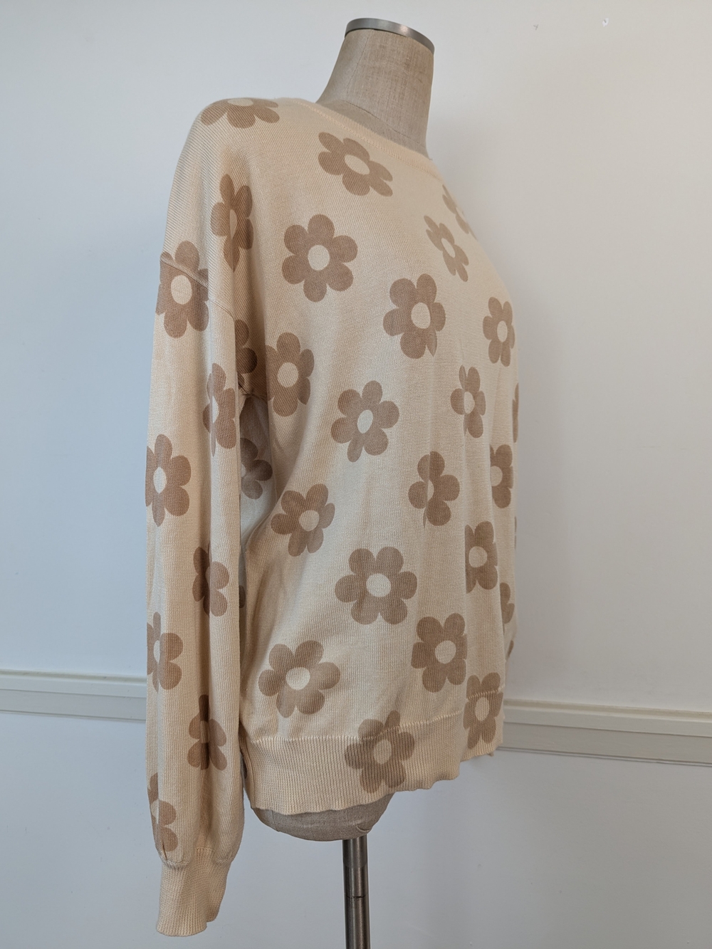 Fantastic Fawn Beige Floral Knit Crewneck Sweater